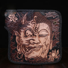 Handmade Leather Mens Cool Long Tooled Black Buddha Chain Wallet Biker Trucker Wallet with Chain