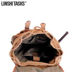 Khaki Canvas Leather Mens Large Backpack School Backpack Canvas Travel Backpack For Men