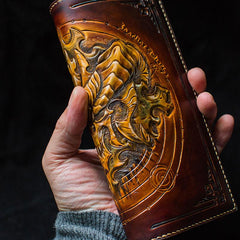 Handmade Leather Tooled  Diablo Skull Mens Chain Biker Wallet Cool Leather Wallet With Chain Wallets for Men