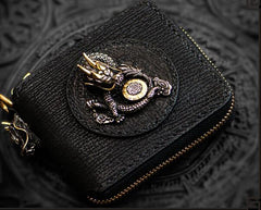 Handmade Leather Chinese Dragon Tooled Mens billfold Wallet Cool Chain Wallets Biker Wallet for Men