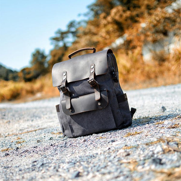 Cool Canvas Leather Mens 15'' College Gray Computer Backpack Travel Backpack for Men