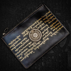 Handmade Leather Tibet Scriptures Tooled Wristlet Bags iPad Bag Mens Cool Leather Clutch for Men