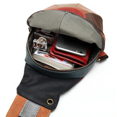Stitched Brown Leather Men's Sling Bag Circle Shoulder Bag Chest Bag One Shoulder Backpack For Men