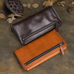 Cool Brown Leather Mens Long Wallet Clutch Wallet Retro Coffee  Clutch Wallet for Men