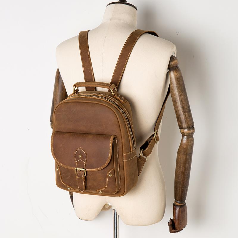 Fashion Light Brown Mens Leather 12-inch Small Backpacks Travel