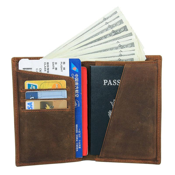 Vintage Mens Leather Small Slim Passport Wallets Bifold Long Wallet For Men