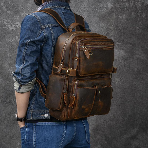 Brown Leather Mens 14" Laptop Hiking Backpack Travel Backpack College Backpack for Men