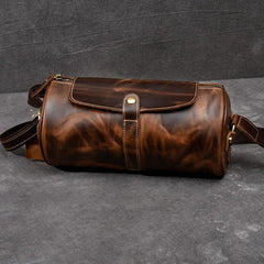 Leather Mens Vintage Brown Side Bag Barrel Messenger Bag Small Bucket Bag For Men