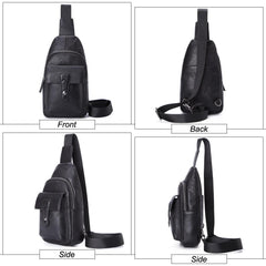 Black Mens Leather Sling Bag Chest Bag One shoulder Black Backpack Sports Bag For Men