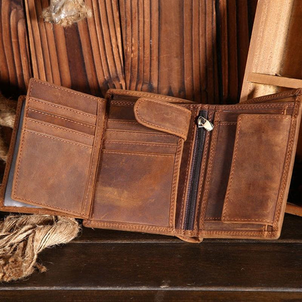 Vintage Brown Mens Leather Small Wallet Trifold Brown billfold Wallet for Men