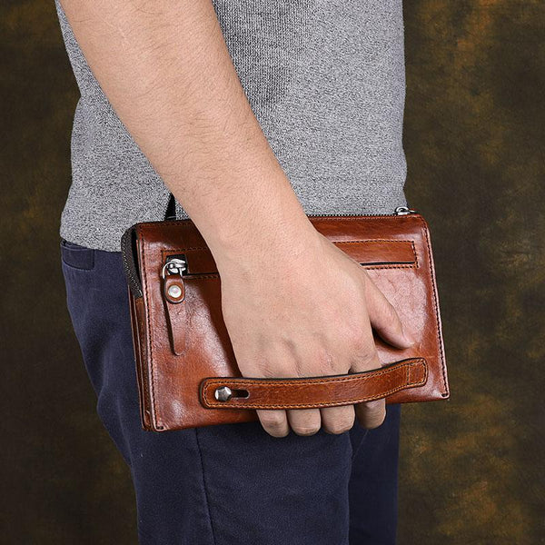 Handmade Brown Leather Mens Long Wallet Wristlet Wallet Brown Zipper Clutch Wallet for Men