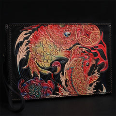 Black Handmade Tooled Leather Wolf Clutch Wallet Wristlet Bag Clutch Purse For Men