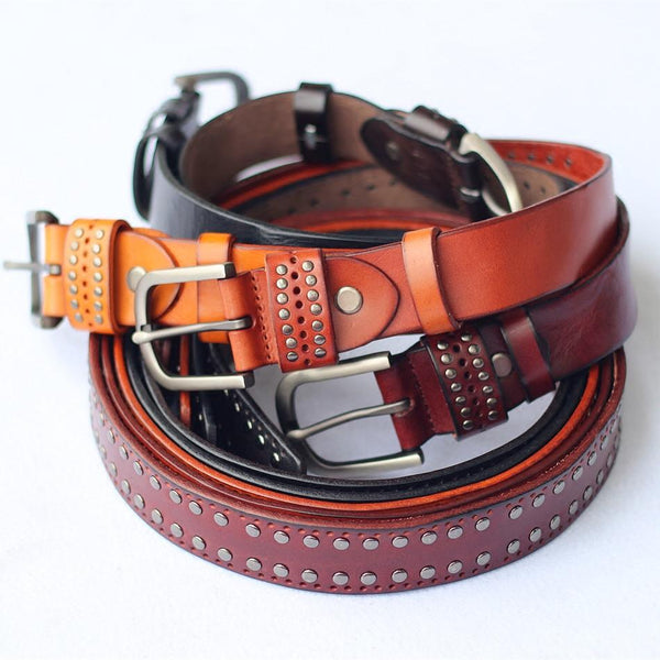 Cool Punk Rock Handmade Buckle Black Rivet Leather Mens Belts Dark Coffee Leather Belts for Men