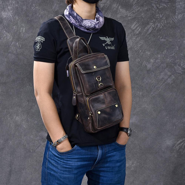 Cool Leather Mens 8" Brown Vintage Sling Bag Chest Bag One Shoulder Backpack for Men