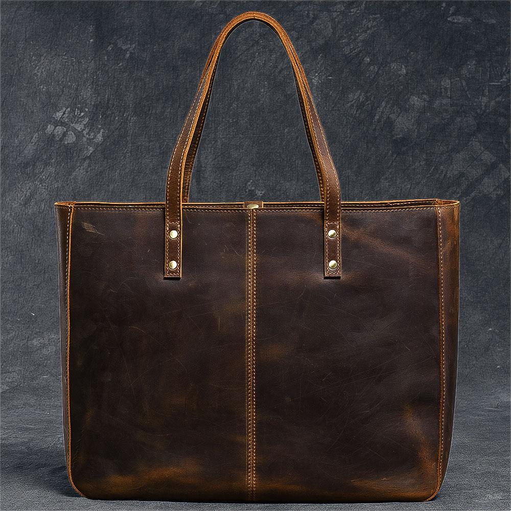 Leather Mens Womens 14" Large Tote Shoulder Bag Vintage Brown Tote Bag Large Side Bag For Men