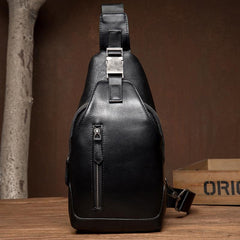 Cool Black Leather Mens Sling Bags Crossbody Pack Black Chest Bags Sling Pack for men