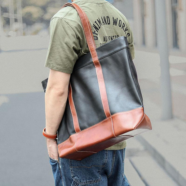 Black Vintage Leather Men Womens Large Tote Bag Brown Shoulder Tote Bag Shopper Tote For Men