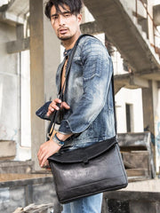 Black Casual Leather Mens 10 inches Side Bag Postman Bag Black Messenger Bags Courier Bag for Men