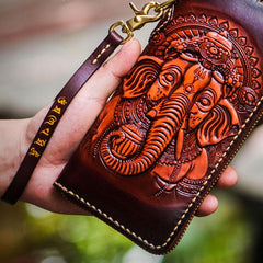 Handmade Leather Tooled Ganesh Mens Chain Biker Wallet Cool Leather Wallet Zipper Long Phone Wallets for Men