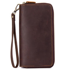 Cool Dark Brown Mens Bifold Zipper Long Wallet Clutch Wallet Wristlet CellPhone Wallet for Men