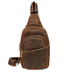 Cool Dark Brown Leather Mens Crossbody Pack Sling Bags Brown One Shoulder Pack Chest Bag for men