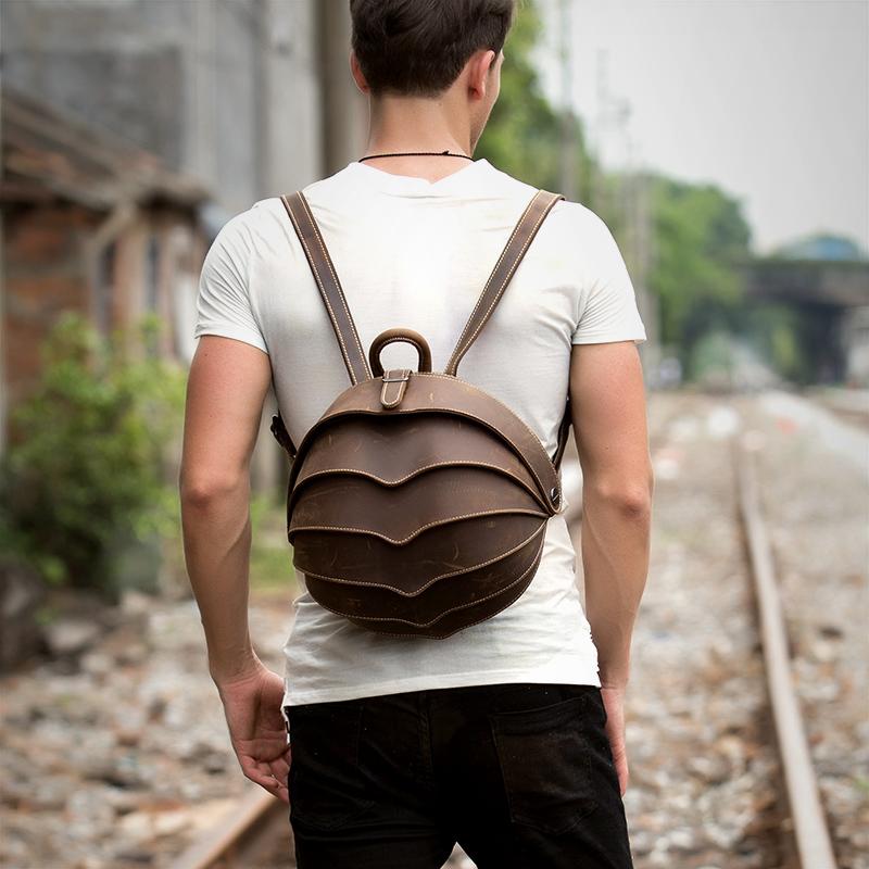 Dark Brown Unique Mens Leather 10 inch Small Backpacks Cool Beetle Bac iChainWallets