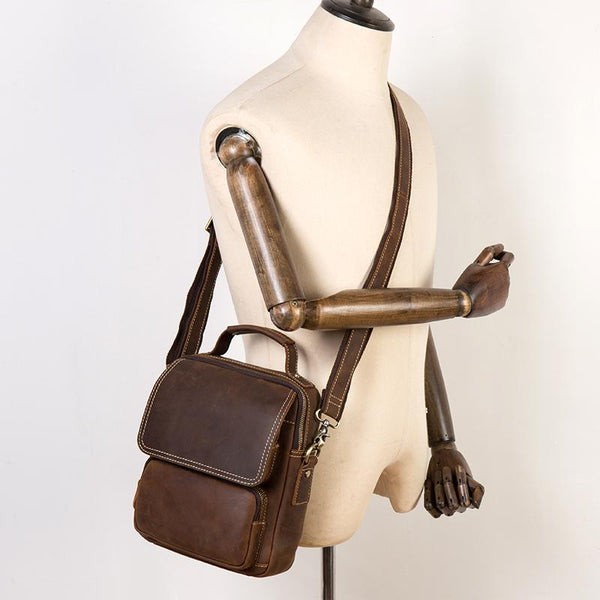 Dark Brown Leather 10 inches Vertical Messenger Bag Cool Side Bag Courier Bag Postman Bag for Men
