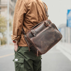 Vintage Dark Brown Mens Leather Briefcase Work Handbag Brown 15'' Computer Briefcase For Men