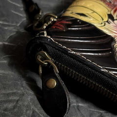 Badass Black Handmade Leather Men's Long Biker Wallet Coffee Tooled Carp Zipper Chain Wallets For Men