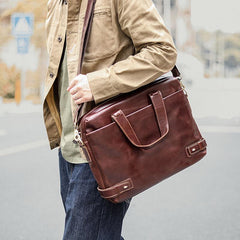 Vintage Maroon Mens Leather Briefcase Work Handbag Brown 14'' Laptop Briefcases For Men