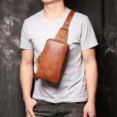 Best Brown Leather Men's Sling Bag Chest Bag Brown One shoulder Backpack Sling Pack For Men