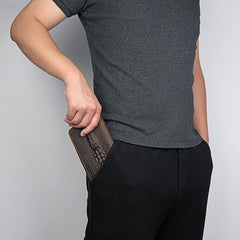 Cool Crocodile Pattern Brown Mens Leather Long Wallet Bifold Zip Long Wallet for Men