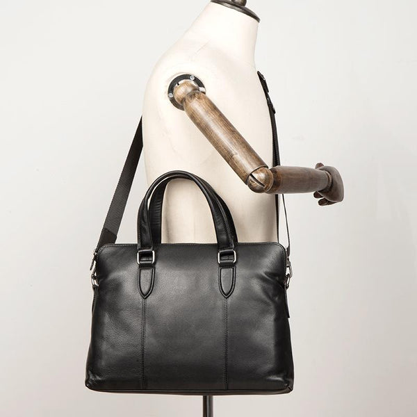 Black Leather Mens 13inches Briefcase Laptop Briefcase Shoulder Business Bags Work Bag for Men