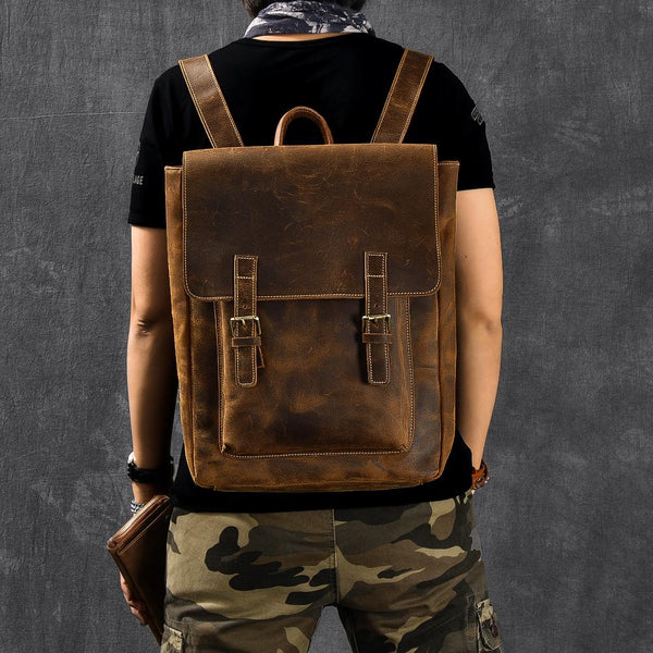 Brown Leather Mens 14" Laptop Backpack Hiking Backpack Travel Backpack College Bag for Men