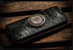 Handmade Leather Tibetan Mens Chain Biker Wallet Cool Leather Wallet Long Zipper Wallets for Men