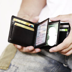 Genuine Leather Mens Cool Black Short Leather Card Wallet Men Small Wallets License Wallet License Holder for Men