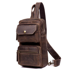 Cool Brown Leather Mens Sling Pack Sling Bags Coffee Crossbody Pack Chest Bag for men