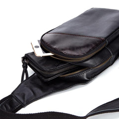 Casual Black Leather Mens Sling Bag Chest Bag Black Sling Shoulder Bag One Shoulder Backpack for Men