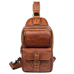 Casual Brown Leather Mens Sling Pack Sling Bag Chest Bags One Shoulder Backpack for Men