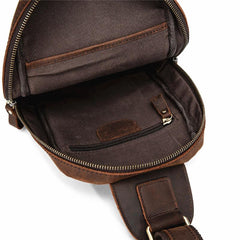 Brown Leather Men's Sling Bag Red Brown Chest Bag 8 inches One Shoulder Backpack For Men
