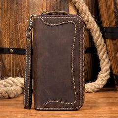 Cool Dark Brown Mens long Wallet Wristlet Wallet Clutch Wallet Yellow Brown Long Wallets for Men