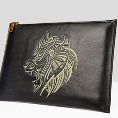 Handmade Leather Mens Clutch Cool Slim Lion Wallet Zipper Clutch Wristlet Wallet for Men