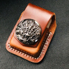 Brown Handmade Leather Mens Chinese Dragon Zippo Lighter Holders Lighter Case For Men