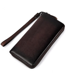 Handmade Leather Men's Zipper Long Wallet Clutch Wallet Wristlet Wallet For Men