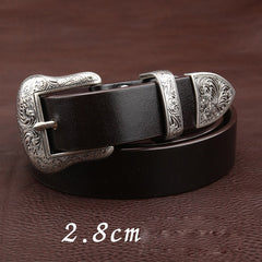 Handmade Coffee Leather Belt Floral-Embossed Western Mens Silver Leather Belt for Men