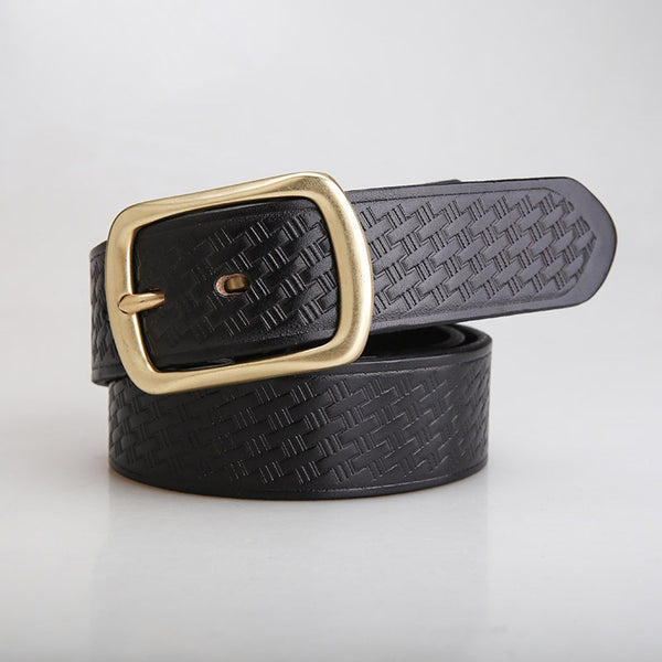 Mens Black Brass Leather Belts Braided Pattern Handmade Leather Belt for Men