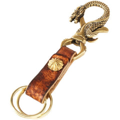 Brown Handmade Chinese Dragon Leather Brass Keyring Moto KeyChain Leather Keyring Moto Cross Key Holders Key Chain for Men