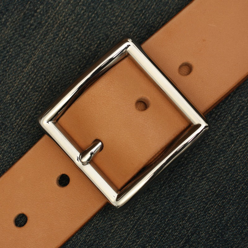 Handmade Mens Tan Leather Square Buckle Silver Belts Minimalist Leather Silver Belt for Men