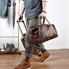 Black Leather Mens Casual Large Travel Bag Shoulder Weekender Bag Duffle Bag For Men