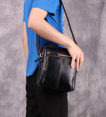 Cool Brown Leather Men's Small Vertical Side Bag Blue Vertical Messenger Bag For Men